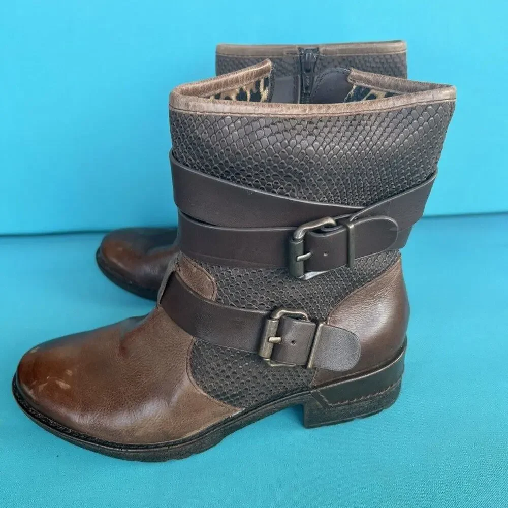 Sofft Aldina Moto Grunge Brown Leather Buckle Strap Mid Calf Comfort Boots Sz 8M - Picture 1 of 12